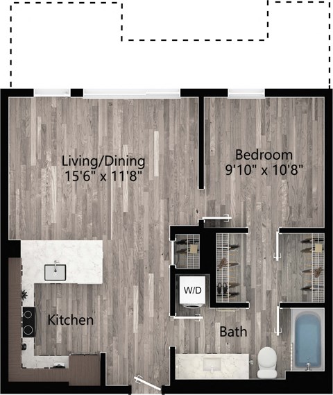 Floor plan for 1 bed, 1 bath, 741 sqft